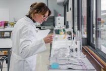 Vista lateral de una científica madura con portapapeles examinando cristalería mientras trabaja en un moderno laboratorio de química - foto de stock