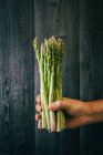 Unrecognizable person holding and showing a bunch of healthy fresh green asparagus against black lumber wall — Stock Photo
