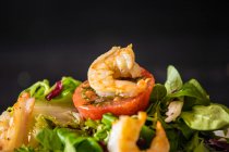 Closeup of healthy spinach salad with shrimps and tomato served on withe ceramic plate on black table — Stock Photo