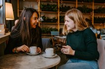 Amis féminins se reposant dans un café confortable — Photo de stock