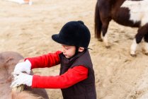 From above boy in jockey suit and helmet cleaning coat of skewbald pony with rough brush while standing on sandy ground of dressage arena in equestrian school — Stock Photo