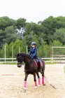 Jeune fille jockey dans le casque équitation cheval brun sous les branches d'arbre sur l'arène de dressage pendant la formation à l'école équestre — Photo de stock