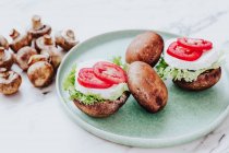 High angle of healthy bowls with mushrooms stuffed with lettuce and cheese with tomato slices served on green plate — Stock Photo