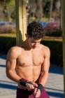 Shirtless ethnic sportsman without t shirt on street — Stock Photo