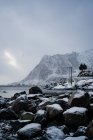 Pintoresco paisaje de playa con rocas nevadas contra el agua de mar tranquila y la cresta de montaña bajo el cielo nublado gris en Lofoten - foto de stock