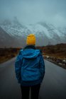 Vista posterior de una persona relajada irreconocible en ropa de abrigo azul y sombrero de gorro amarillo brillante de pie en el camino de asfalto que va a las montañas nevadas de niebla en Lofoten - foto de stock