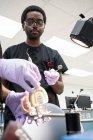 Black colleagues examining denture in laboratory — Stock Photo