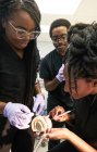 Collèges noirs examinant la prothèse dentaire en laboratoire — Photo de stock