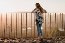 Вид ззаду на туриста-жінку в повсякденному одязі, що стоїть біля металевого паркану і захоплюючий вид на світанку під час прогулянки в літній день — стокове фото