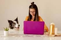 Fröhliche Frau spielt zu Hause mit Hund — Stockfoto