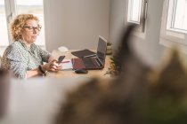 Вид збоку на дорослу жінку в повсякденному одязі, що працює на ноутбуці в навушниках у кімнаті, прикрашеному кактусами в керамічних горщиках — стокове фото