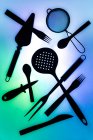 Composition of kitchen supplies on colorful background — Stock Photo