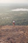 Desde arriba de viajar hembra en ropa casual corriendo cuesta arriba en el fondo del valle con bosque y lago durante las vacaciones de verano en Sigiriya - foto de stock