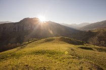 Живописный вид на зеленые холмы при ярком солнечном свете — стоковое фото