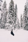 Vista laterale del viaggiatore femminile irriconoscibile in tuta calda in piedi su un sentiero innevato tra gli abeti innevati nella giornata invernale in Finlandia — Foto stock