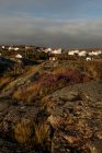 Malerischer Blick auf eine friedliche Landschaft mit einsamen Felswänden mit grünem Gras und Blumen und Häusern auf steinigen Hügeln an bewölkten Tagen — Stockfoto