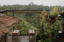 Du dessus de la terrasse avec chaises et tables en bois près du bungalow avec toit en paille entouré de plantes tropicales le jour sombre à Bali — Photo de stock