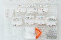 Vue de dessus de divers ensembles de couronnes dentaires et modèle de mâchoire pour l'étude de la dentisterie disposés dans un récipient en plastique — Photo de stock