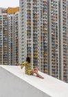 Eine unkenntlich entspannte Frau in buntem Kleid sitzt mit ausgestreckten Armen auf einem Betonschrägdach und blickt auf Wohnhochhäuser in Hongkong in China — Stockfoto