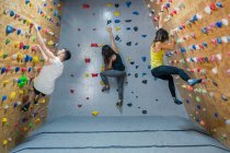 Вид сбоку на молодую группу сильных мужских и женских альпинистов, тренирующихся на стене в современном тренажерном зале — стоковое фото
