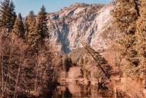 Granite cliffs over lake surrounded by coniferous trees in Yosemite National Park in California — Stock Photo