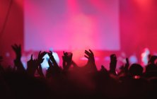 Vue arrière silhouettes de personnes contre éclairées avec des lumières scène pendant la performance musicale — Photo de stock