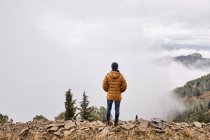 Unbekannter Wanderer steht auf Feldwiese und bewundert Aussicht — Stockfoto