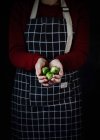 Cultiver la femme cuisinière dans un tablier à carreaux debout avec un bol de chou de Bruxelles frais sur fond noir dans la cuisine — Photo de stock