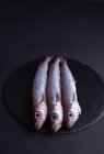 Top view of raw smelt fish placed on black table in kitchen — Stock Photo