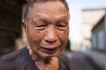 Portrait of elderly Asian male gardener in casual clothes smiling at camera while standing on street in settlement in Taiwan — Stock Photo