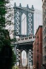 Vista panorámica del Puente de Manhattan en la ciudad de Nueva York a través de ramas de árboles frondosos en el día brumoso - foto de stock