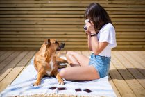Seitenansicht einer positiven jungen Frau in lässigem Hemd und Jeans-Shorts, die mit der Sofortkamera Fotos von einem niedlichen Hund macht, der in der Nähe liegt und sich an einem Sommertag auf einer sonnigen Terrasse ausruht — Stockfoto