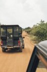 View of automobiles driving along sandy road through green savanna in safari park — Stock Photo
