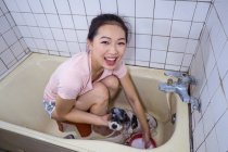 From above of ethnic Asian female owner sitting in bathtub and washing cute Cocker Spaniel puppy at home — Stock Photo