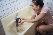 Vista lateral de feliz étnico asiático mujer lavado lindo Cocker Spaniel cachorro en bañera en casa - foto de stock