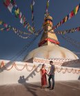 Пара тримається за руки і дивиться один на одного, стоячи біля буддійського храму з декоративними садами і вежею під хмарним небом. — стокове фото