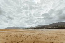 Спокійне піщане узбережжя під час низького припливу і зелених пагорбів з будівлями — стокове фото