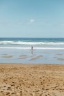Обратный вид на анонимного путешественника, стоящего на живописном берегу моря возле песка с отпечатками ног под облачным небом в солнечный день — стоковое фото