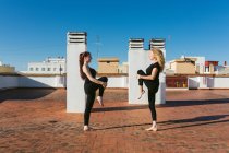 Вид збоку на молодих і зрілих жінок у чорному спортивному одязі, які стоять на позі одного коліна до грудей, одночасно практикуючи йогу разом на даху міського будинку в сонячний день — стокове фото