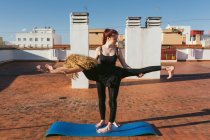 Повне тіло невпізнаваної жінки, що виконує позу Воїна III за допомогою партнера, практикуючи йогу разом на терасі на даху міста — стокове фото