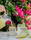Crop anonymous person pouring fresh homemade lemonade from pitcher into glass jars placed on table in blooming summer garden — Stock Photo