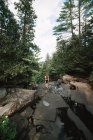 Rückansicht einer anonymen Forscherin, die auf Felsen in der Nähe einer Schnellstraße im grünen Wald des La Mauricie Nationalparks in Quebec, Kanada steht — Stockfoto