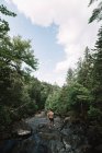 Visão traseira do explorador anônimo masculino em pé em rochas perto da rua rápida na floresta verde do Parque Nacional La Mauricie em Quebec, Canadá — Fotografia de Stock