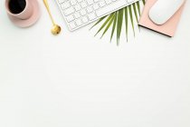 Ansicht des kreativen Arbeitsplatzes mit Netbook und Becher heißen Espresso auf Palmblatt — Stockfoto