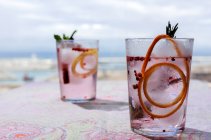 Gin Tonic Cocktail mit rosa Tonic Wasser, rosa Pfeffer, Rosmarin, Minze, Zimt, Zitrone und Orange im Sonnenlicht auf einem Restauranttisch — Stockfoto