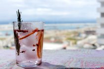 Gin Tonic Cocktail mit rosa Tonic Wasser, rosa Pfeffer, Rosmarin, Minze, Zimt, Zitrone und Orange im Sonnenlicht auf einem Restauranttisch — Stockfoto