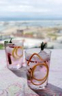 Gim coquetel tônico com água tônica rosa, pimenta rosa, alecrim, hortelã, canela, limão e laranja à luz do sol em uma mesa de restaurante — Fotografia de Stock