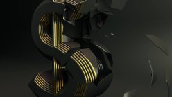 Das Dollargeld-Symbol zerbricht aufgrund der durch das Coronavirus verursachten Wirtschaftskrise. Geldkonzept auf schwarzem Hintergrund — Stockfoto