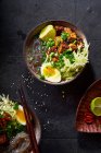 Spicy vegetarian ramen with fried tofu, chinese cabbage and sweet potato noodles — Stock Photo