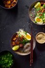 Пряный вегетарианский рамен с жареным тофу, китайской капустой и сладкой картофельной лапшой — стоковое фото